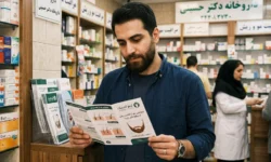 یک تصویر واقعی و سینمایی از یک مرد ایرانی ۳۵ ساله با ریش کاشته شده که در یک داروخانه سنتی در تهران ایستاده و متمرکز بر خواندن بروشور فارسی "مزوتراپی بعد از کاشت ریش" متعلق به آرمو کلینیک است. قفسه‌های دارو و داروسازان در پس‌زمینه تار دیده می‌شوند.