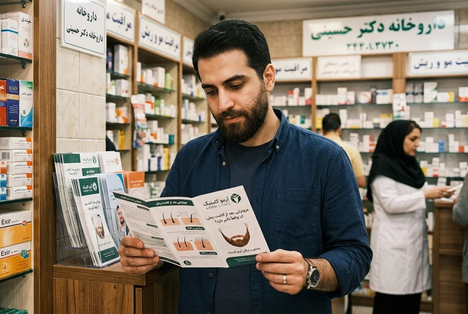 یک تصویر واقعی و سینمایی از یک مرد ایرانی ۳۵ ساله با ریش کاشته شده که در یک داروخانه سنتی در تهران ایستاده و متمرکز بر خواندن بروشور فارسی "مزوتراپی بعد از کاشت ریش" متعلق به آرمو کلینیک است. قفسه‌های دارو و داروسازان در پس‌زمینه تار دیده می‌شوند.