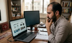 مرد ایرانی با موهای کم‌پشت در حال تحقیق و مقایسه روش‌های کاشت مو و پروتز مو روی لپ‌تاپ