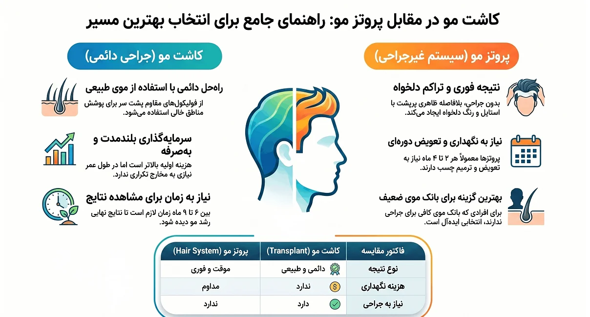اینفوگرافیک مقایسه پروتز مو و کاشت مو 