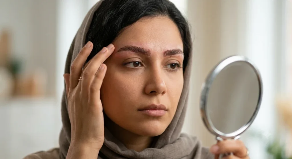یک عکس نمای نزدیک از یک زن جوان خاورمیانه‌ای با حجاب (شال گردن قهوه‌ای)، که با بیانی متفکرانه به تصویر خود در یک آینه دستی نقره‌ای نگاه می‌کند و به آرامی ناحیه شقیقه و ابروی چپ خود را لمس می‌کند. ابروهای او به طور قابل توجهی پهن‌تر، پرتر و دارای رنگ‌دانه قرمز-زرشکی تیره هستند که نشان‌دهنده یک روش زیبایی‌شناسی اخیر (مانند میکروبلیدینگ یا کاشت ابرو) است. نور طبیعی ملایم از یک پنجره در یک محیط داخلی مبهم می‌تابد.