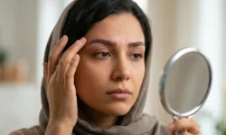 یک عکس نمای نزدیک از یک زن جوان خاورمیانه‌ای با حجاب (شال گردن قهوه‌ای)، که با بیانی متفکرانه به تصویر خود در یک آینه دستی نقره‌ای نگاه می‌کند و به آرامی ناحیه شقیقه و ابروی چپ خود را لمس می‌کند. ابروهای او به طور قابل توجهی پهن‌تر، پرتر و دارای رنگ‌دانه قرمز-زرشکی تیره هستند که نشان‌دهنده یک روش زیبایی‌شناسی اخیر (مانند میکروبلیدینگ یا کاشت ابرو) است. نور طبیعی ملایم از یک پنجره در یک محیط داخلی مبهم می‌تابد.