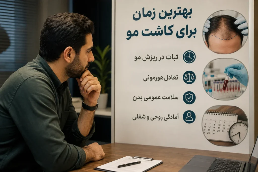 مرد ایرانی در حال بررسی بهترین زمان برای کاشت مو با تمرکز بر ثبات ریزش مو، تعادل هورمونی و آمادگی برای کاشت مو