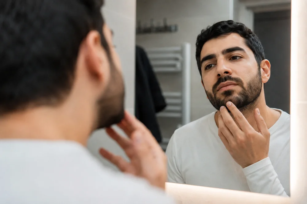 مرد ایرانی با ریش طبیعی در حال بررسی تراکم و فرم ریش مقابل آینه