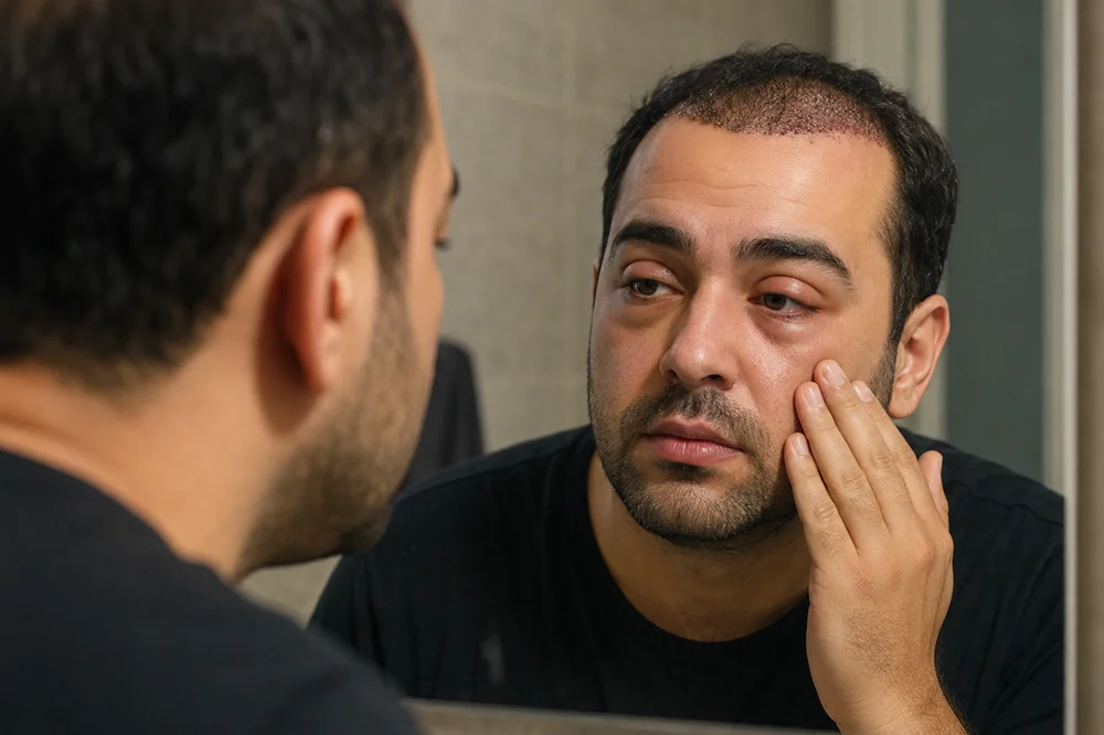 مرد جوان ایرانی با ورم صورت و چشم‌ها پس از کاشت مو