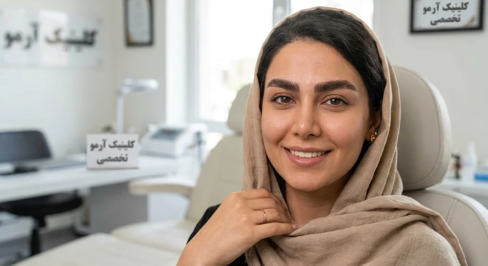 تصویری از یک زن جوان ایرانی با حجاب کرم و لبخندی ملایم که دستش را روی یقه‌اش گذاشته است. او در یک کلینیک زیبایی مدرن نشسته است. در پس‌زمینه، تابلوهای دیواری با متن فارسی 'کلینیک آرمو' و 'کلینیک آرمو تخصصی' و همچنین تجهیزات پزشکی محو دیده می‌شوند.