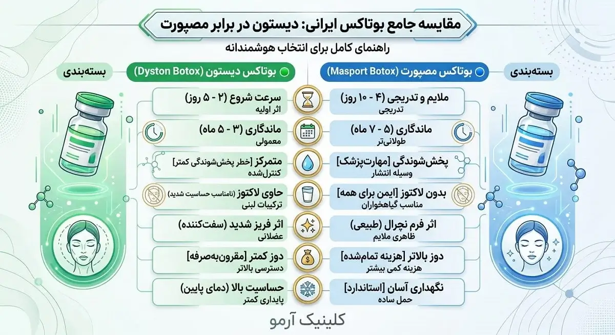 اینفوگرافیک راهنمای مقایسه بوتاکس دیسون و مصپورت